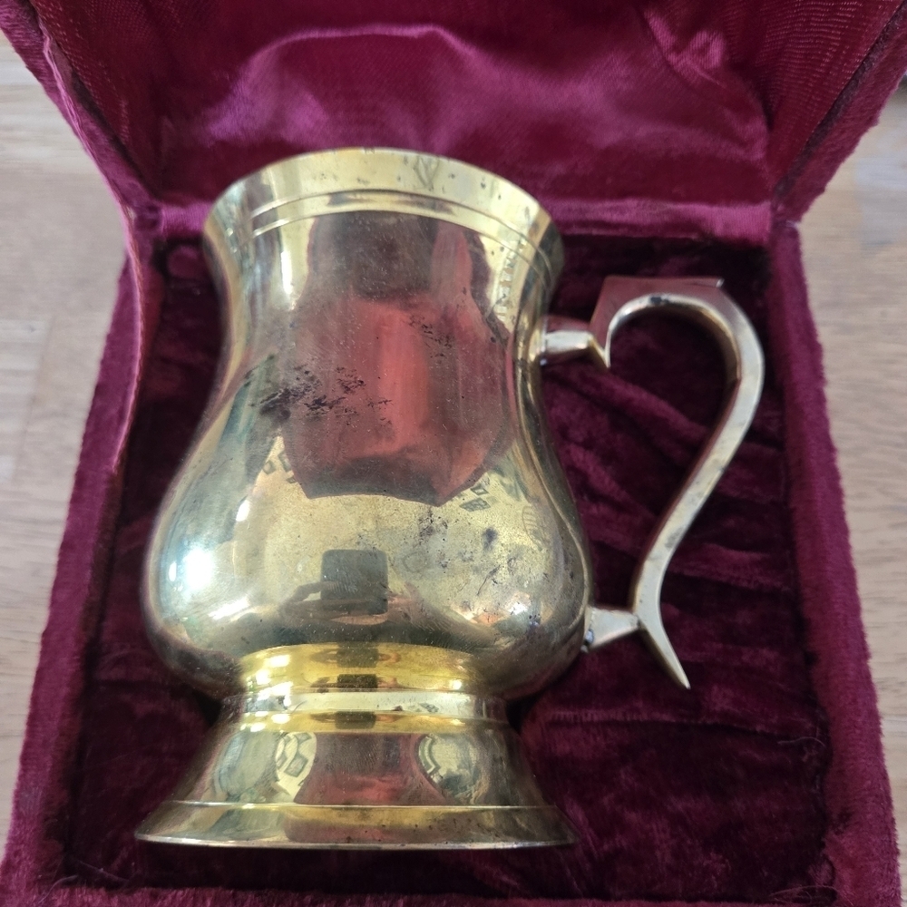 Vintage India Brass Tankard Mug Solid Heavy Footed Barware with Velvet Box